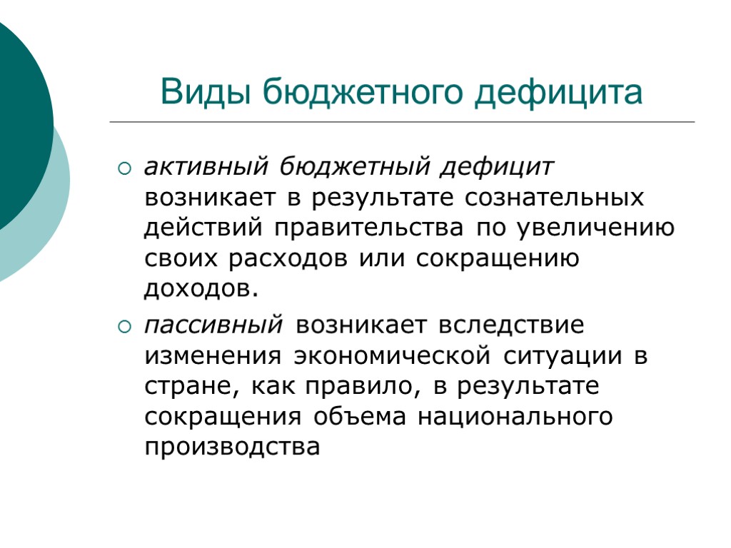 активный бюджетный дефицит возникает в результате сознательных действий правительства по увеличению своих расходов или